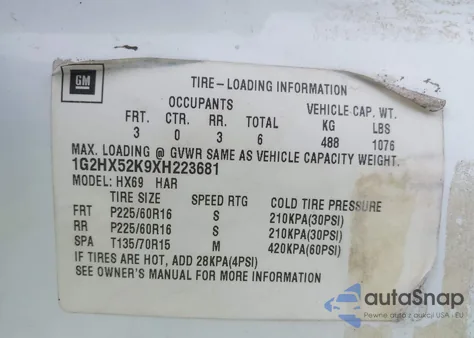 1999 Pontiac Bonneville Se из США, поврежденный, VIN 1G2HX52K9XH223681